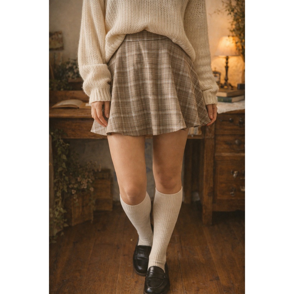 Aeropostale Plaid Skater Mini Skirt Tan Brown Blue Size S High Waisted Preppy